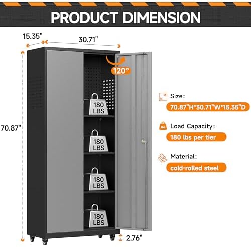 71''H Garage Storage Cabinet with Wheels, Meatl Storage Cabinet with Lock - Image 3