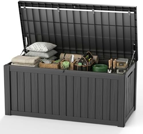 Outdoor Waterproof Resin Storage Deck Box Lockable Outside Bench UV Resistant Bin Patio Porch Furniture Pool Float Garden Tool Cushion (Black, 150 Gallon) by MAIUSCOLI