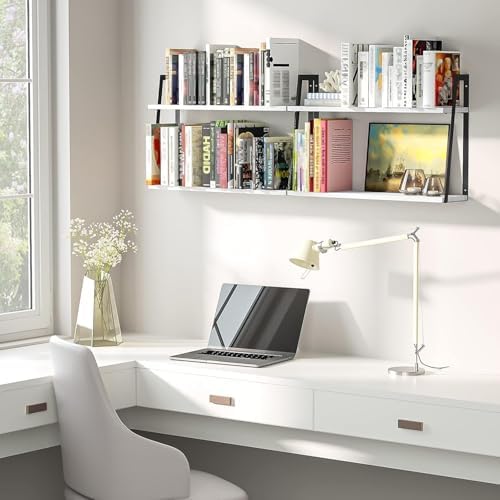 SRIWATANA White 2-Tier Floating Wall Shelves, Rustic Wood Storage Shelf Set - Image 2