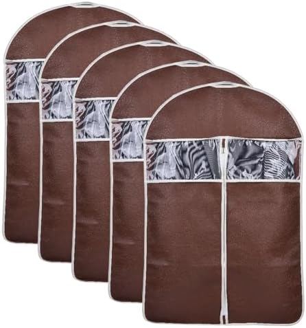 5 Pcs Non-Woven Fabrics Suit Cover Bags, Garment Bags for Hanging Clothes, Suit Bags for Closet Storage, with Transparent Window, Breathable(Brown,60 * 130cm/24 * 51in) by Unknown