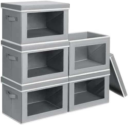 Homsorout Stackable Storage Bins with Lids - Large Decorative Basket with Lids, Fabric Foldable Closet Organizer Bins, Shelf Organizer for Living Room, Dorm, 5 Pack, Grey by Homsorout