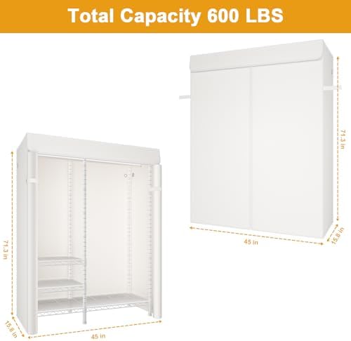 Ulif F4C Heavy Duty Clothes Rack with Dustproof Cover，Freestanding Clothing Racks for Hanging Clothes，Adjustable Closet Organizer System，Portable Garment Rack 45"W*15.8"D*71.3"H，Max Load 600LBS，White - Image 2