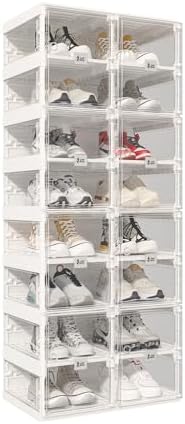 ANTBOX Foldable Shoe Rack,Shoe Organizers for Closet Plastic Shoe Storage Box Space Saving for Entryway, Large Sturdy Stackable Sneaker Cabinet Bins with Magnetic Clear Door 8 Tiers 16 Pairs by ANTBOX