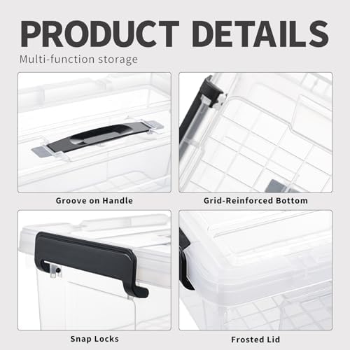 Cetomo Lidded Storage Bin with Handle, Storage Bins with Lid, Organizing Container with Secure Latching Buckles, Stackable and Nestable, Plastic, 18 Quart-6 Pack, Clear - Image 2