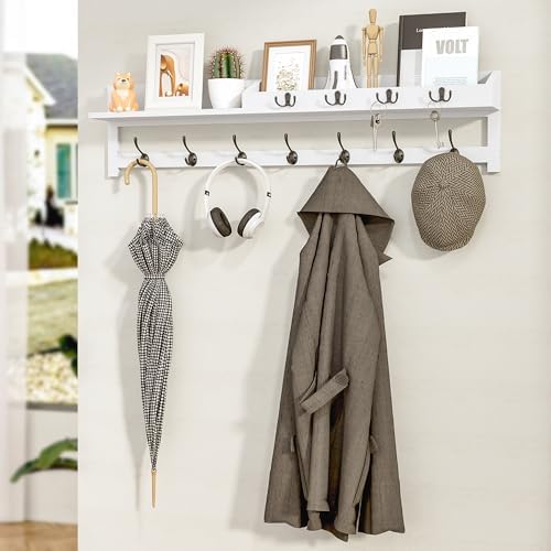 AMBIRD 35 inch Coat Rack Wall Mount, Extra Long Coat Hooks Wall Mount, Entryway Shelf with 7 Dual Coat Hooks 4 Key Hooks Mail Organizer, Wooden Wall Coat Rack with Hooks, Key Holder Rack (White) - Image 7