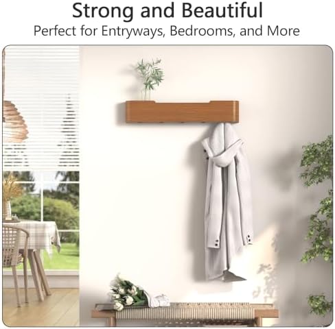 Coat Rack Wall Mount with Hidden Hooks Modern Key Holder Wood Entryway Hook with Shelf for Bedroom Kitchen Hallway Bathroom Designed for Hanging Coats Hats Bags Towel Dog Leashe(Walnut,5 Hooks) - Image 5