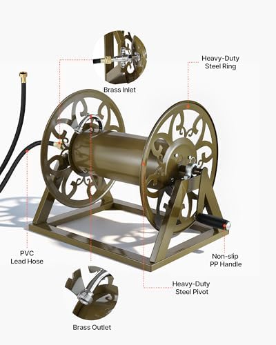 VEVOR Wall Mounted Garden Hose Reel, Holds 200 Feet of 5/8-inch Hose, Outdoor Heavy-Duty Waterhose Holder Winder, with Brass Connector, Decorative Pattern, Bronze Finish, for Backyards and Gardens - Image 7