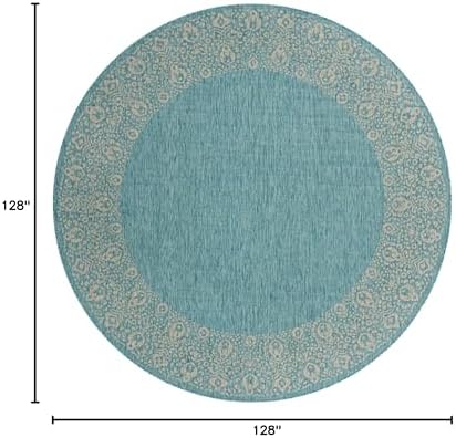 Unique Loom Outdoor Border Collection Area Rug - Floral Border (10' 8" Round, Aqua/ Ivory) - Image 2