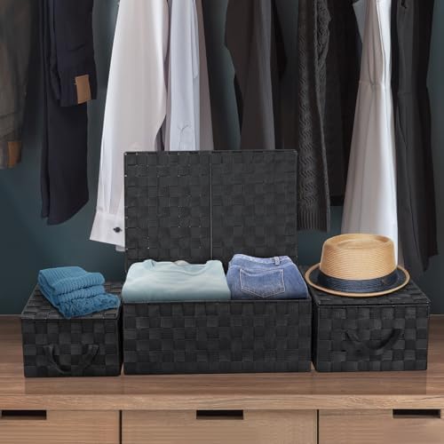 Sorbus Woven Storage Basket with Lid, Set of 3 (Black) - Image 4
