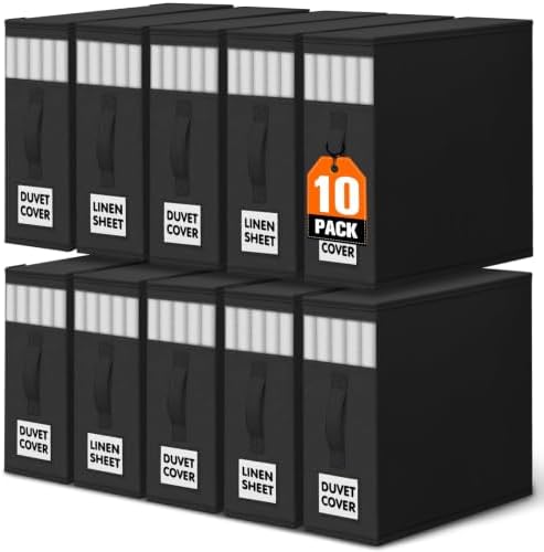 WOWBOX Sheet Organizers and Storage,Closet Bed Sheet Organizer Under Bed Storage and Organization with Label Cards & Clear Window for Bedding Sheets,Duvet Covers,Blankets (10 Pack，Black) by WOWBOX