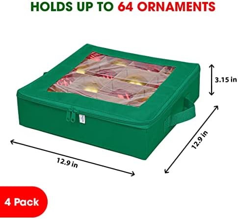 ProPik 4 Pcs Christmas Ornament Storage Boxes with Dividers | 4 Individual Trays Hold 64 Holiday Decoration Balls | Durable Ornaments Organizer Storage Box | Zippered Closure with Handles (Green) - Image 5