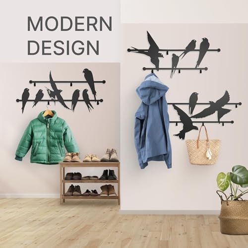 Entrance Wall Mounted Coat Rack 3pcs Metal Design Style Birds 23x40 Inches - Heavy Duty Hallway Hanger Hooks for Kids and Adults, Decorative Art Deco Iron Wardrobe Holder, Slim Stylish Steel Panels - Image 3