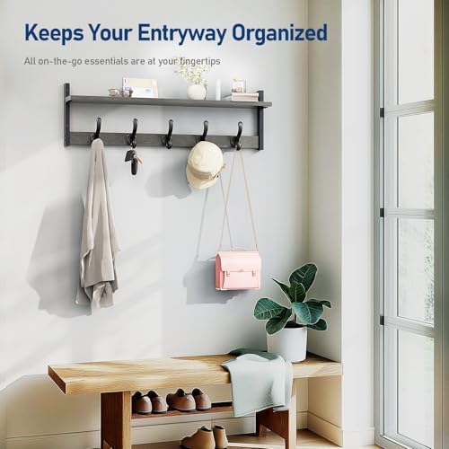 Tatub 29" Rustic Coat Rack Wall Mount with Shelf, Entryway Wall Hooks with Shelf, Coat Hangers for Bathroom, Living Room, Bedroom, Dark Grey - Image 3