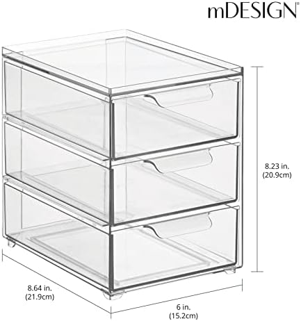mDesign Plastic Stackable Organizer with 3 Drawers - Pull-Out Drawer Storage Bin for Bathroom Sink/Cabinet Organization - Perfect for Makeup, Small Towels, and More - Lumiere Collection, 4 Pack, Clear - Image 3