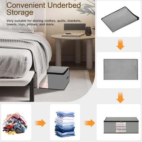 Cozary Pack of 3 60 L Underbed Storage Box, Foldable Storage Bag with Lid and Clear Window, Underbed Storage with Handle for Blankets, Bedding, Grey - Image 3