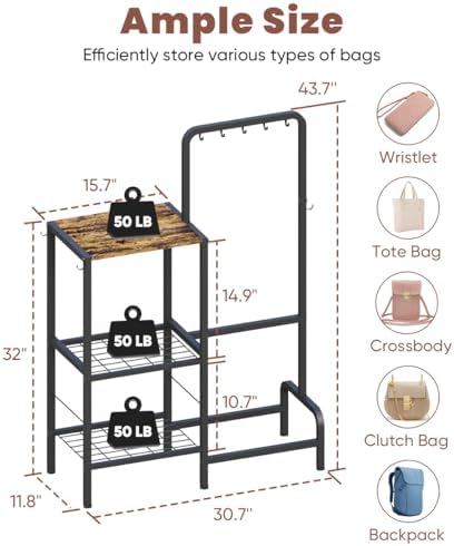 Floor-Standing 3-Tier Purse Organizer, High-Capacity Bag Holder with 8 Hooks, Multi-Functional Purse Rack for Various Bags, Handbag Display Stand Shelf for Closet, Bedroom, Entryway, Black - Image 3