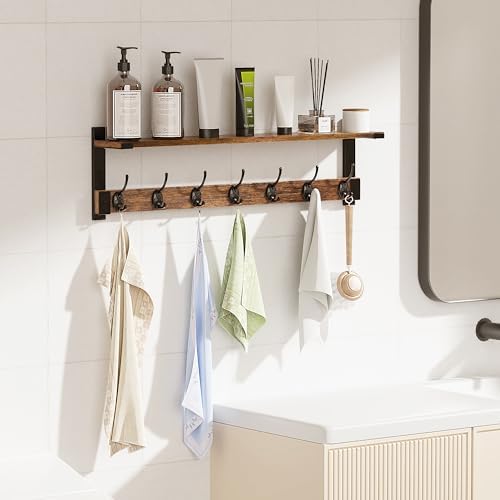 Oraich Wall Hooks with Shelf, 28.7 Inch Coat Rack Wall Mount with Hook for Coat Backpack Key Clothes Hanger, Wall Floating Shelf Hanging in Entryway, Living Room, Bathroom, Bedroom, Kitchen - Image 6