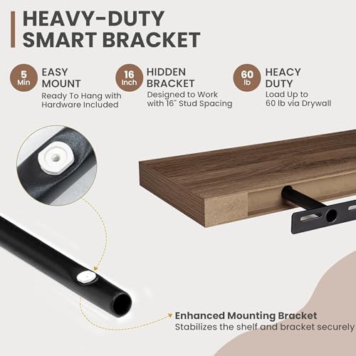 Acovy 72 Inch Floating Shelves, 8 Inch Deep Floating Shelves for Wall, Hanging Shelf with Invisible Brackets, Deep Shelves for Bathroom, Bedroom, Living Room, Walnut, Set of 2 - Image 4