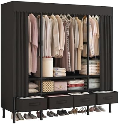 Portable Closet with Drawers 55.1"x17.7"x65.7" Wardrobe Closet Black by WEALTHYHEART