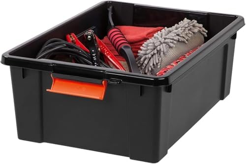 IRIS USA 4 Pack 12 Gallon Lockable Storage Bins, Heavy Duty Stackable Containers with Lids for Garage Organization or Moving, Black/Orange - Image 7