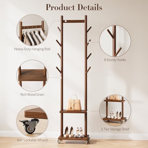 Yoobure Solid Wood Coat Rack Freestanding - Rolling Clothes Rack with 8 Hooks & Shelves, Small Clothing Rack with Wheels, Heavy Duty Clothing Racks for Hanging Clothes, Portable Hall Tree for Entryway - Image 5