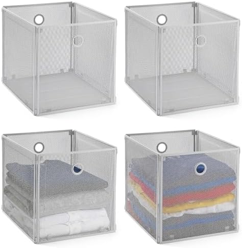 4 Pcs Foldable Metal Cube Storage Baskets, 13x13in, Grey by Ferrochef