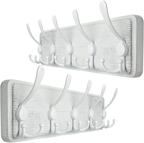 WEBI Coat Rack Wall Mounted,Wood Coat Hooks Wall Mount,16" Hole to Hole,Large Coat Hanger Wall Hook Rack,5 Triple Hooks for Hanging Coats,Hats,Jacket,Clothes,Entryway,White,2 Packs by WEBI
