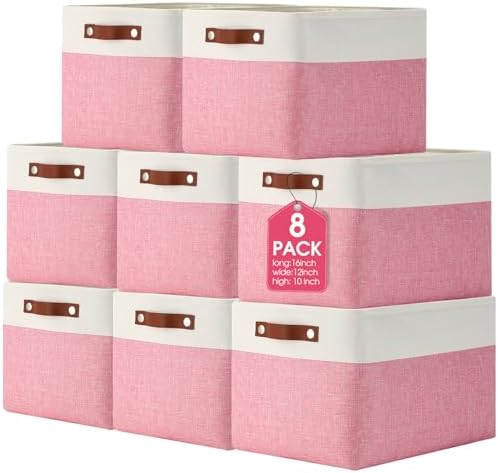 Uiifan 8 Pack 16 x 12 x 10 Inch Large Storage Baskets Collapsible Fabric Storage Cubes Bins with Handles for Shelves Closets Nursery Home Clothes Toys Organizers, Pink by Uiifan