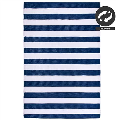 FH Home Outdoor Rug - Waterproof, Fade Resistant, Reversible - Premium Recycled Plastic - Striped - Large Patio, Deck, Sunroom, Camping, RV - Brittany Stripe - Blue & White Crease Free - 6 x 9 ft - Image 5