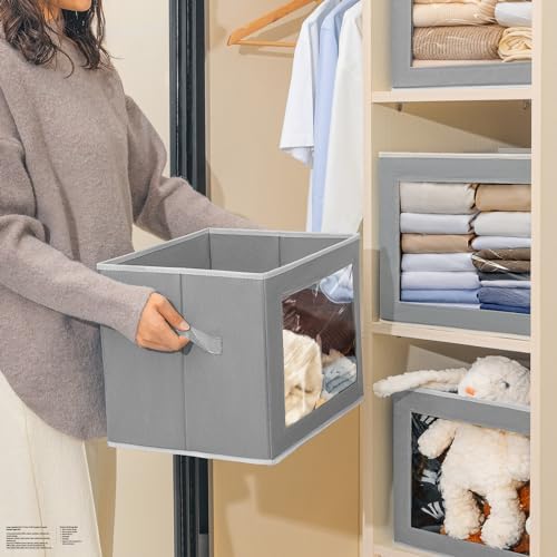 Homsorout Large Storage Bins with Lids - Fabric Storage Cubes with Window, Collapsible Bins for Clothes, 15.7 Inch Large Baskets for Bedroom, Dorm, Office, Grey, 6 Pack - Image 5