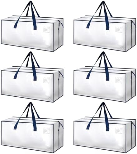HealSmart 6 Pack Extra Large Moving Bags with Zippers & Carrying Handles, Heavy-Duty Storage Tote Moving Boxes for Dorm Room Essentials Storage Bags, Clear by HealSmart