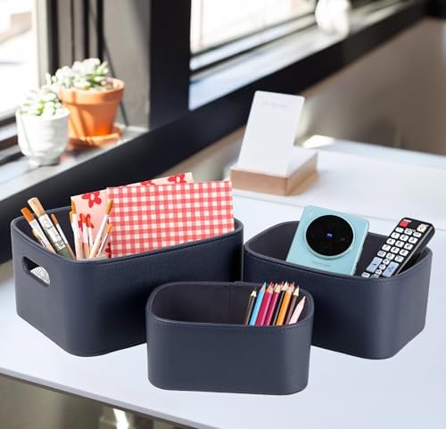 HofferRuffer Faux Leather Storage Baskets Bins with Velvet Lining for Organizing, Storage, Gifts, Set of 3 Nesting Shelf Baskets Decorative Storage Boxes for Home Organization (Blue) - Image 6