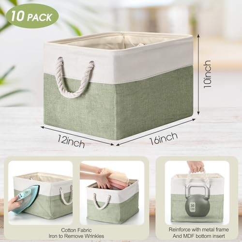 FoldTier 10 Pack Large Collapsible Fabric Storage Baskets with Handles Decorative Storage Bins for Organizing Shelves Toys Clothes(Beige & Green,16 x 12 x 10 Inches) - Image 2
