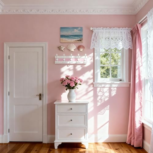 SKOLOO Coastal Wall Mounted Coat Rack-16.88" Beach House Entryway Wooden Coat Hook with 5 Hooks for Hanging Coats, Hats or Towels, Oceanfront Cottage Core Collection, White&Palm Beach Pink, Pack of 2 - Image 4
