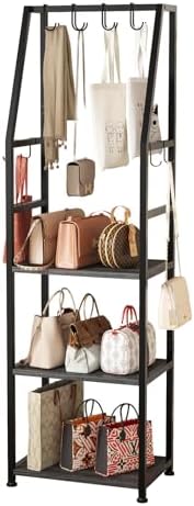 3-Tier Purse Stand Handbag Organizer, Tall Narrow Entryway Closet Bag Organizer, Wood Iron Storage Shelf, 4-in-1, with 8 Removable Hooks(Black) by CCYRYY