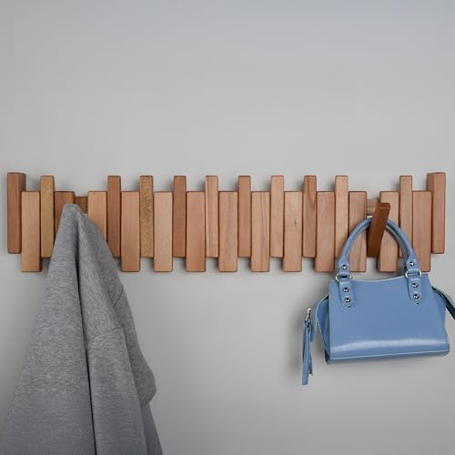 Beech Piano Key Coat Rack with 12 Flip Hooks, Natural - Image 6