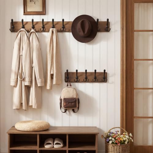 WEBI Rustic Coat Rack Wall Mounted,Wood Coat Hanger Wall,5 Coat Hooks,16" Hole to Hole,Hook Rack Rail,5 Triple Hooks for Hanging Jacket,Clothes,Hats,Entryway,Brown,2 Packs - Image 5