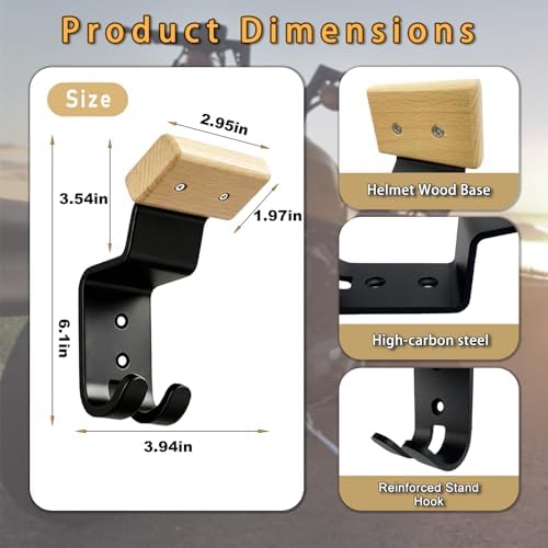 Motorcycle Helmet Holder Wall Mount - Heavy Duty Helmet Hanger Rack with 2 Key Hooks, Solid Wood & Strong Steel Design for Bike, Football, Skiing Sports Gear, Jackets & Hats (Yellow*6) - Image 3