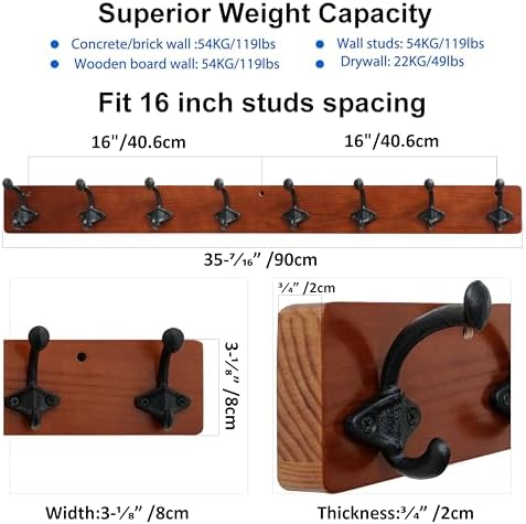 WEBI Rustic Coat Rack Wall Mount,35.43" Long 8 Cast Iron Coat Hooks Wall Mounted,Heavy Duty Farmhouse Wood Coat Hanger Wall Antique Vintage Hooks for Hanging Jacket,Clothes,Backpack,Cherry,2 Packs - Image 3