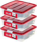 IRIS USA 33 Quart Christmas Wreath Storage Container Box with Lid, 3-Pack, Stackable Under Bed Storage Organizer Bin with Latching Buckles for 20" Wreaths Christmas Decorations Garlands, Clear/Red by IRISUSA