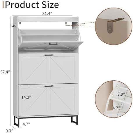 Xixini Shoe Storage Cabinet with 3 Flip Drawers, Entryway Shoe Rack, White - Image 2