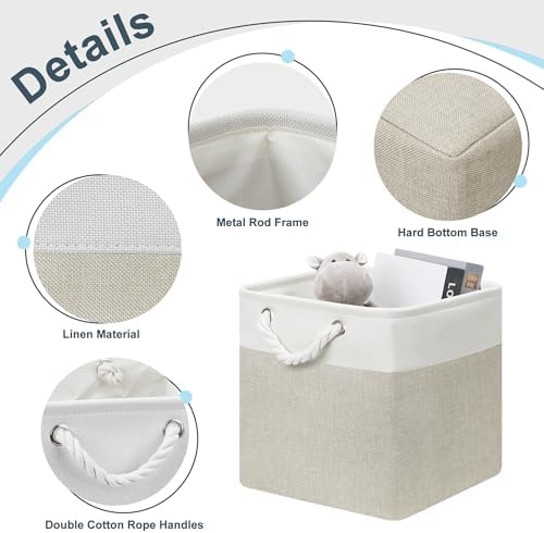 Posprica 11×11 Storage Cubes, Collapsible Storage Bins Organizer for Closet, Fabric Storage Box with Cotton Rope Handles, Decorative Storage Baskets for Shelves, set of 6 - White/Coffee - Image 3