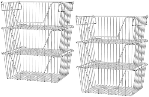 Slideep Stackable Storage Baskets Stainless Steel Cabinet Organizer Sturdy Metal Wire Pantry Freezer Bin for Pantry Home Bathroom Kitchen Organization 6 Packs by WelcometotheSlideep