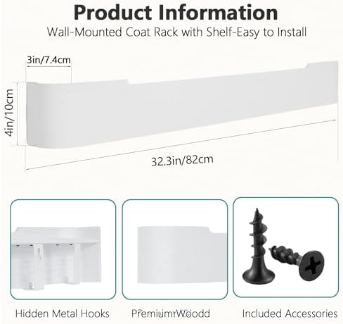 Coat Rack Wall Mount with Shelf 8 Hidden Hooks Modern Wooden Key Holder Entryway Organizer for Hallway Bedroom Bathroom Home Decor Storage for Hanging Coats Hats Bags Towels, White - Image 3