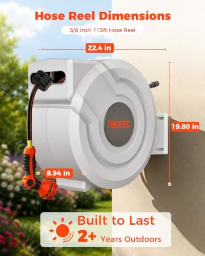 5/8 in 115ft Retractable Garden Hose Reel with Auto Rewind Any Length Lock Heavy Duty Hose Reel,9-Pattern Nozzle,180°Swivel,UV Resistant Wall Mount Water Hose Reel for Outdoor Garden Car Pet Patio - Image 4