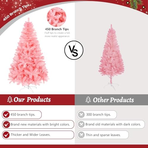 ULICO 4ft Artificial Pink Christmas Tree,Premium Spruce Xmas Tree with 450 Branch Tips, Fake Christmas Tree with Foldable Metal Base Stand,Home, Office,Party Decoration - Image 3