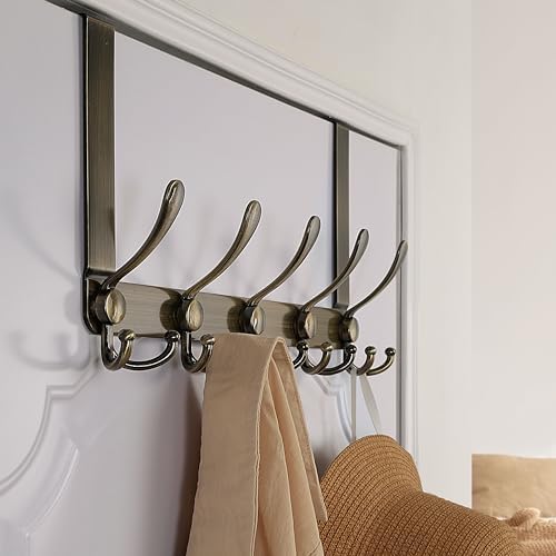 Dseap Over The Door Hook Hanger - Fits 1 3/8" to 1 3/4" Standard Doors | 5 Tri Hooks Heavy Duty Towel/Coat Rack | Door Organizer for Clothes, Jackets, Hats, Towels, Bronze, Pack of 2 - Image 2