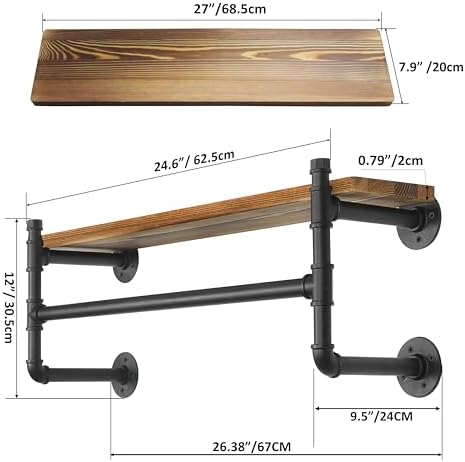 WEBI Wall Mounted Clothes Rack with Shelf,27" Industrial Pipe Clothing Rack with Shelf with Hanging Rod,Heavy Duty Iron Garment Rack Bar,Retail Display Clothes Rod for Laundry Room,Closet,Black - Image 3