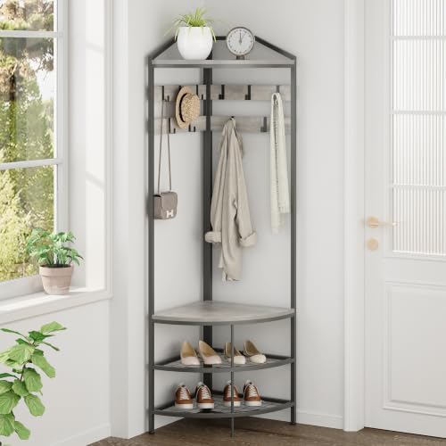 GiftGo Grey Corner Hall Tree with Shoe Bench Entryway Coat Rack with 10 Metal Movable Hooks Rustic Farmhouse Floorstanding Clothes Rack Shoes Shelf Organizer for Home Office Bedroom (Greige) - Image 4