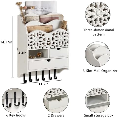 3-Slot Mail Sorter Organizer Wall Mount with 6 Hooks - Image 5